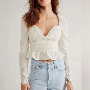 Free People Chloe Cotton V Neck White Smocked Back Boho Crop Top Size S